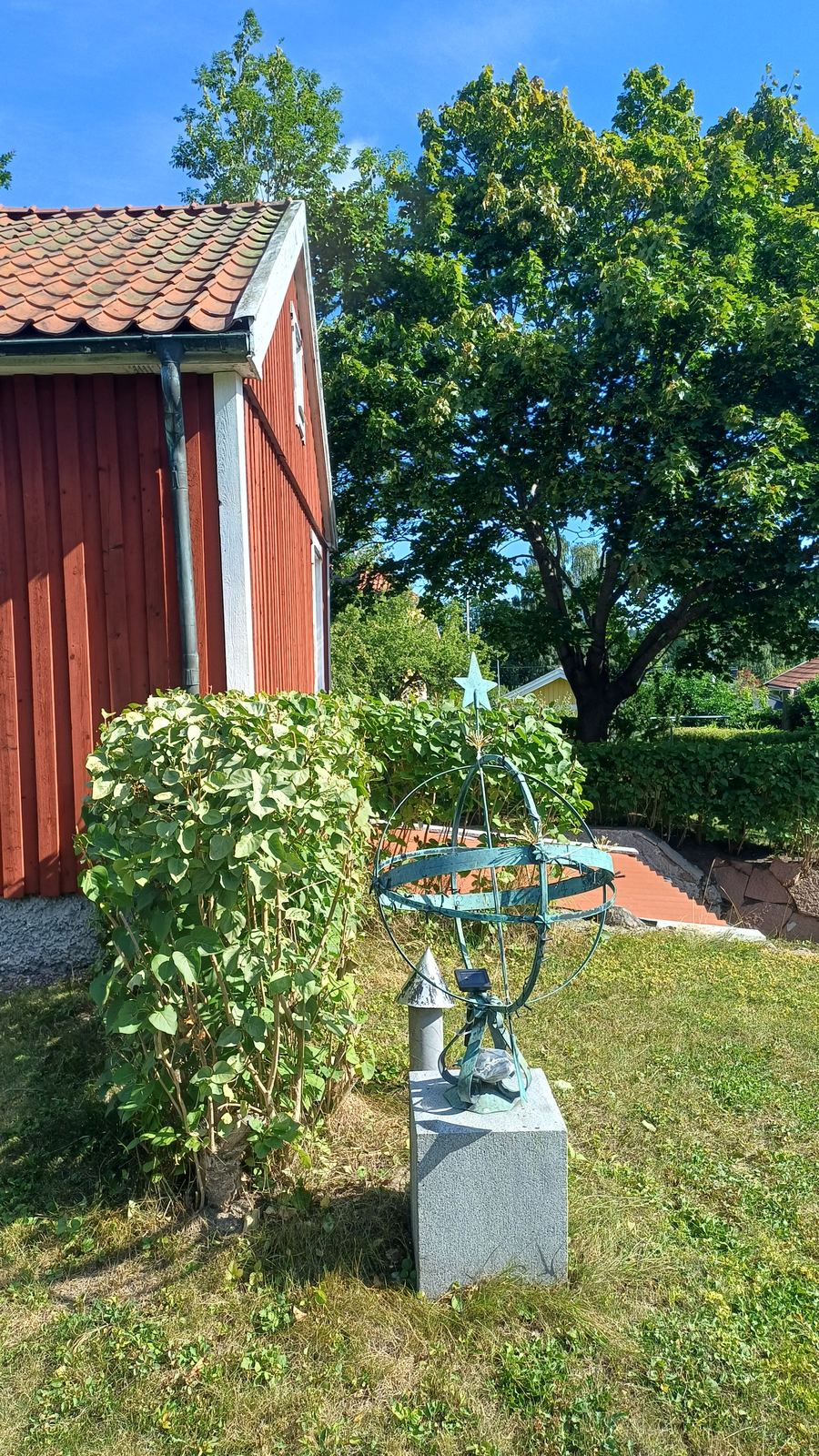 Häck vid rött hus efter klippning